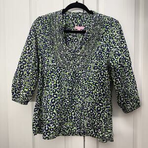 Lilly Pulitzer Resort Blouse M Green Animal Print Cotton Preppy Classic Beach